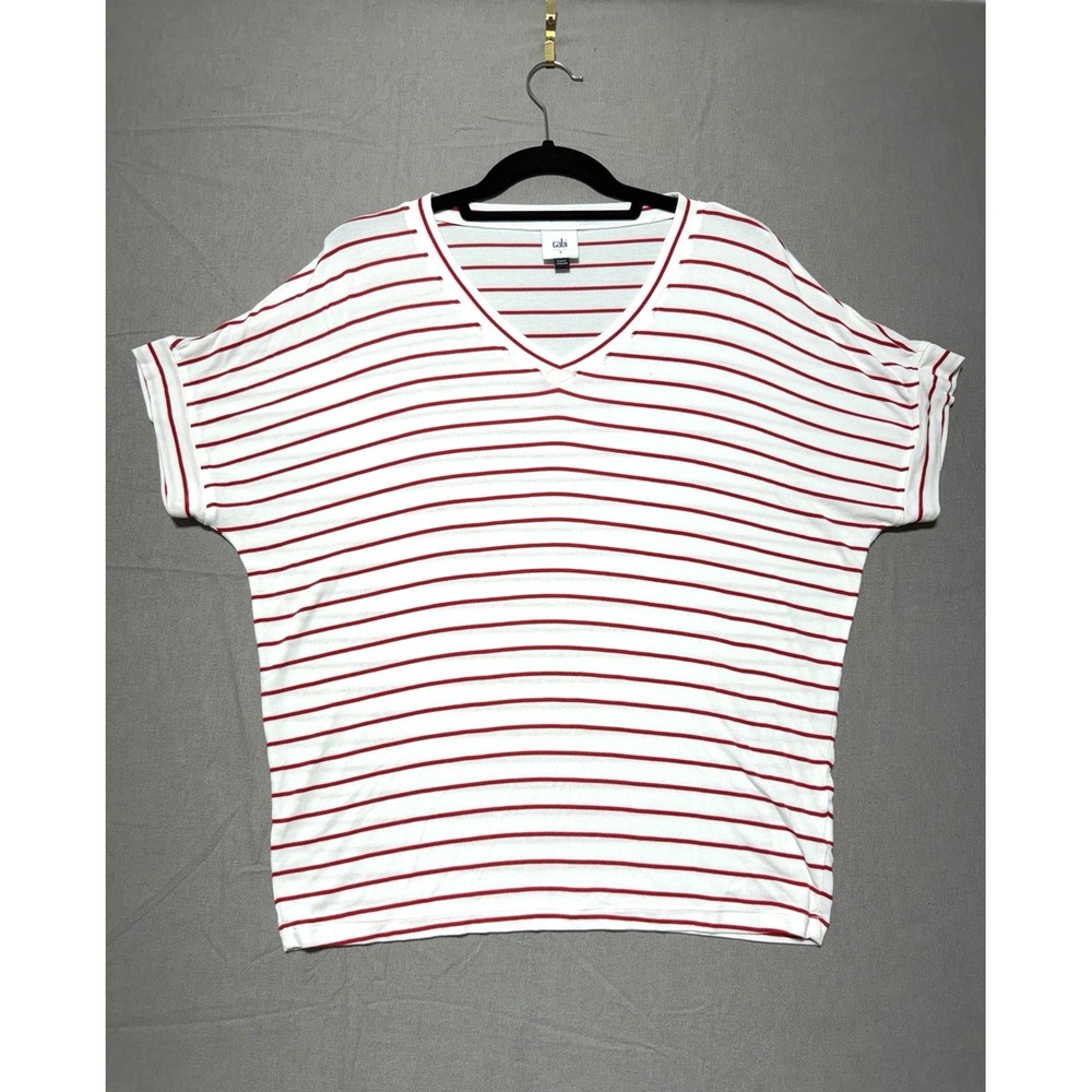 Cabi Red White Striped V Neck Top Drop Shoulder Summer Casual Size S Shirt #6440